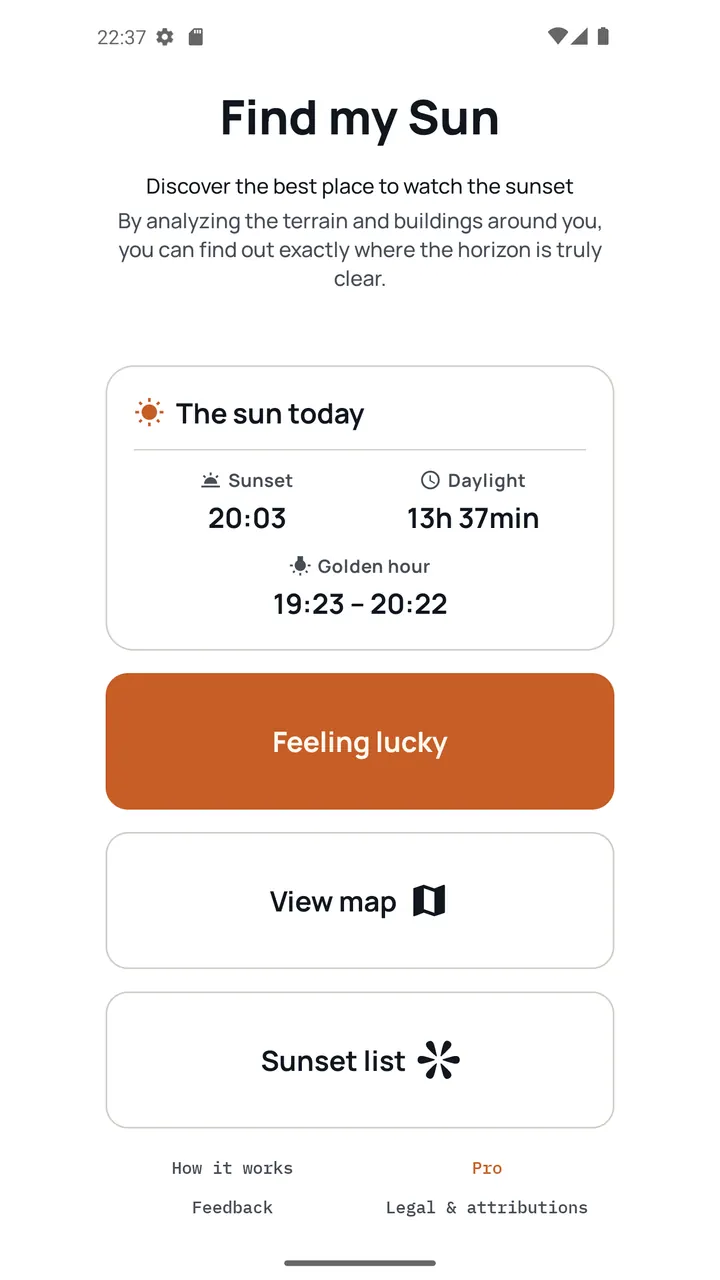 The Find my Sun home screen with today's sunset time, daylight and golden hour, and the Feeling lucky button.