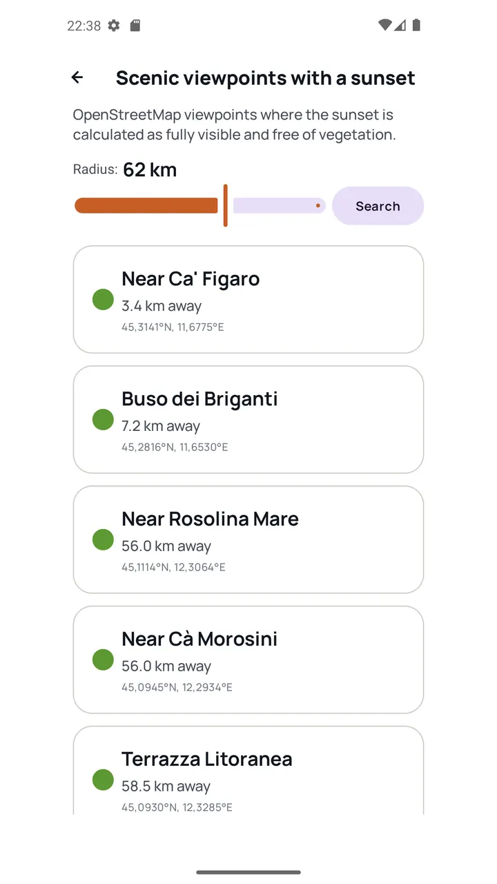 The sunset list: nearby viewpoints with a fully visible sunset, sorted by distance.