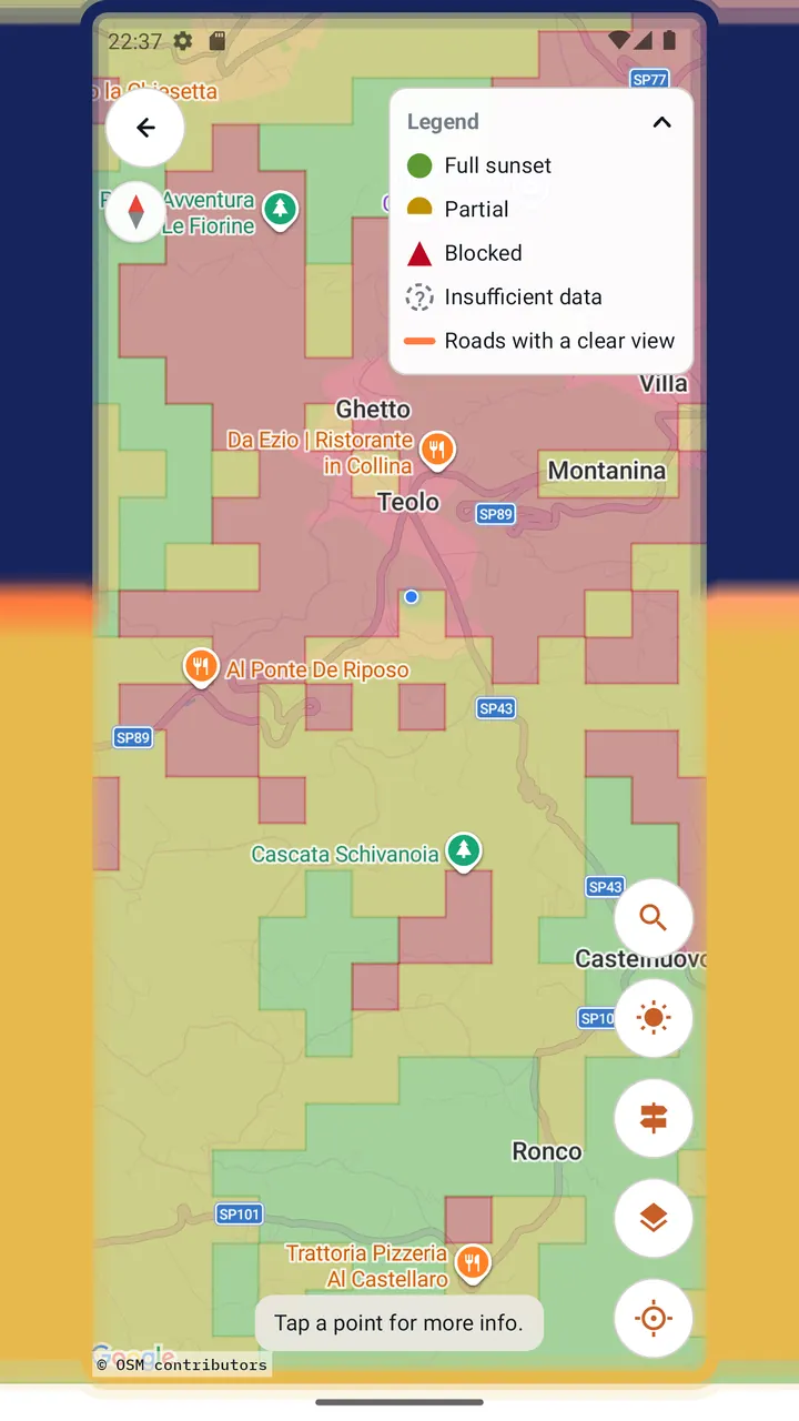 The live sunset heatmap over a hilly area, colored by sunset quality.