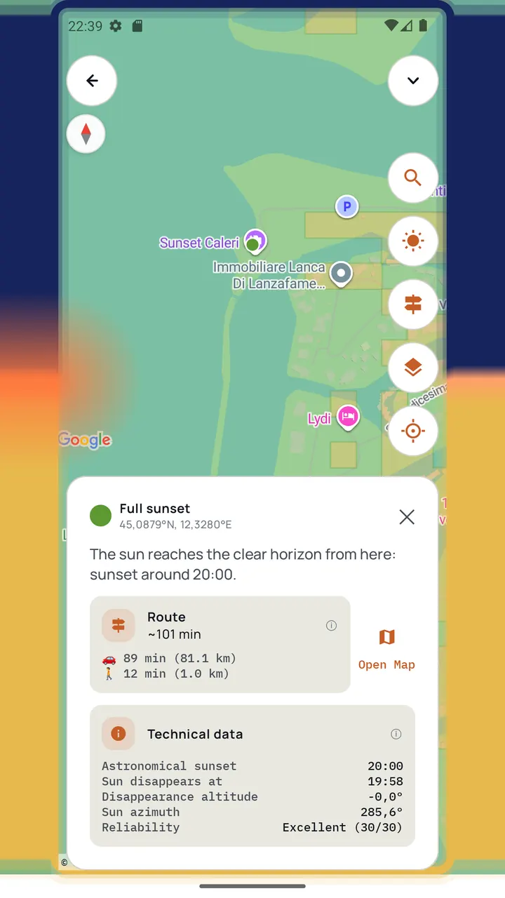 Point details card: full sunset at around 20:00, with route and technical data such as disappearance time and reliability.