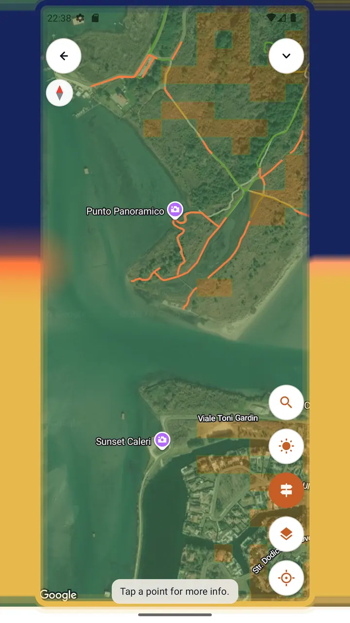 Satellite map with roads and paths highlighted in favorable areas and viewpoints marked.